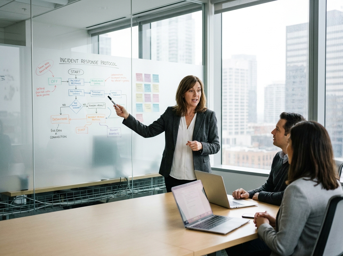 Réunion de gestion de crise informatique avec une responsable IT présentant un plan de réponse aux incidents
