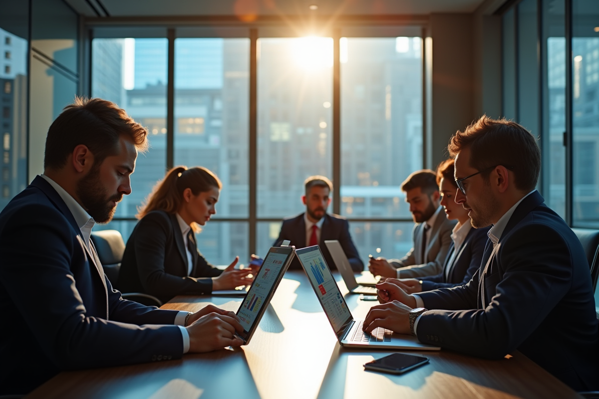 Réunion d'équipe avec table et tablettes pour la cybersécurité