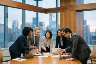 Groupe de professionnels en réunion dans un lieu élégant