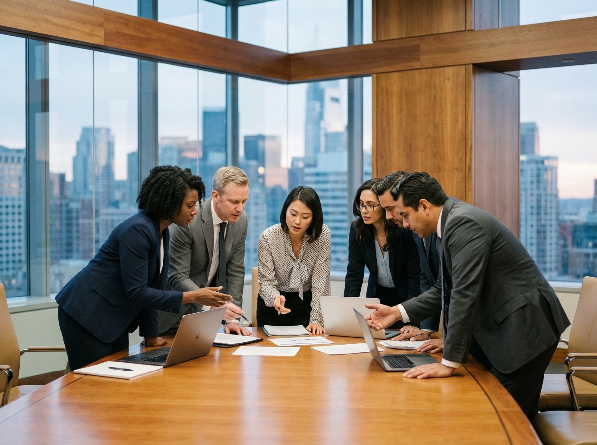 Groupe de professionnels en réunion dans un lieu élégant