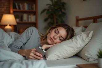 Femme se réveillant le matin et désactivant une alarme sur son iPhone posé sur une table de nuit en bois