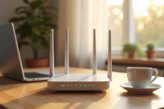 Routeur wifi moderne sur bureau ensoleille avec cafe