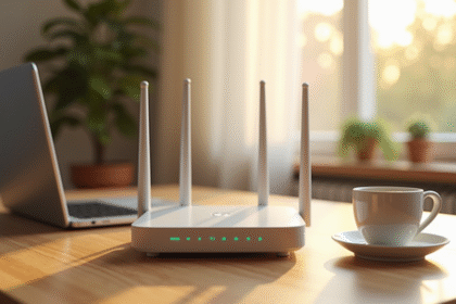 Routeur wifi moderne sur bureau ensoleille avec cafe