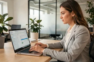 Salariée connectée à son espace personnel MyArkevia sur un ordinateur portable au bureau