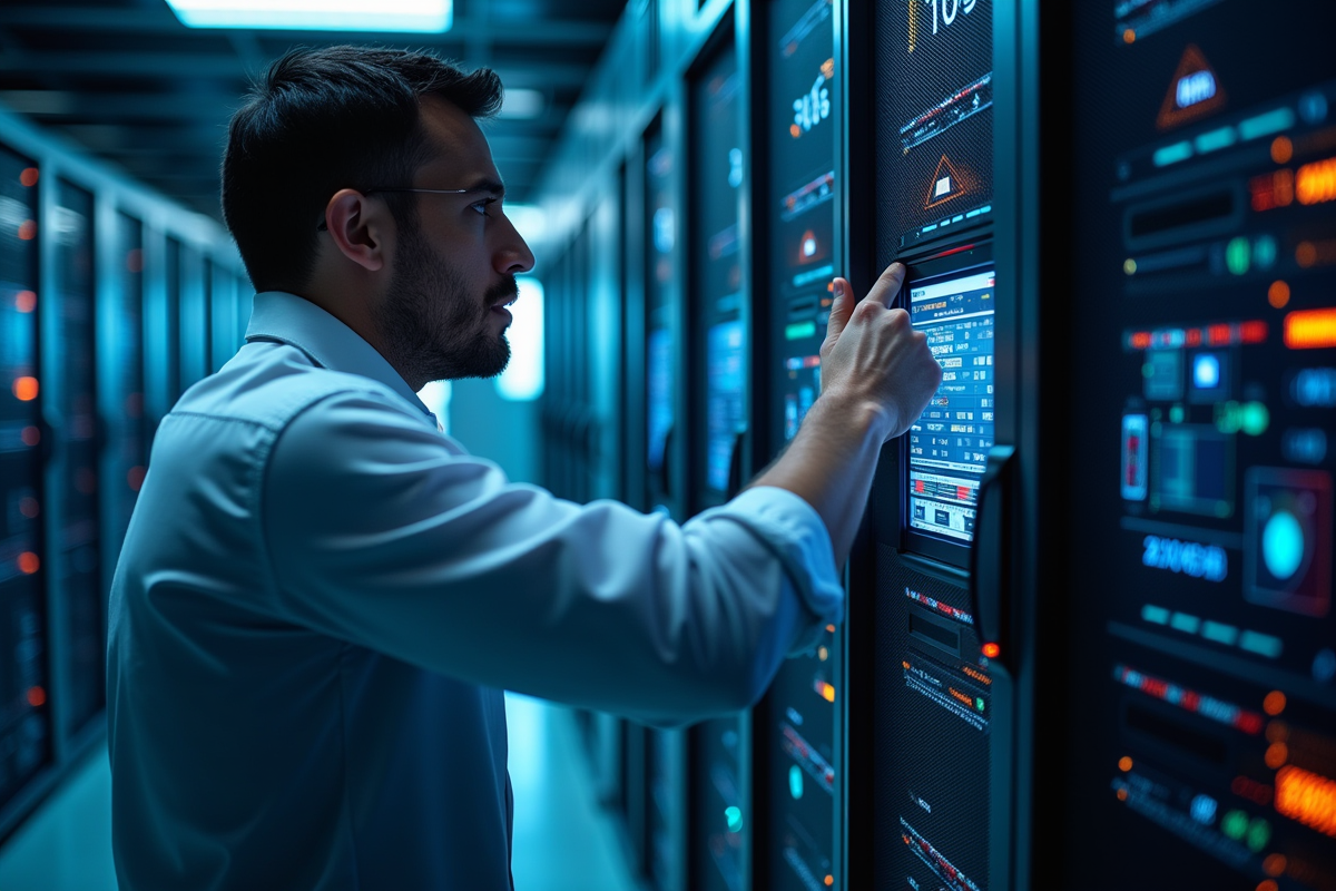 Technicien en salle serveurs surveillant les diagnostics réseau