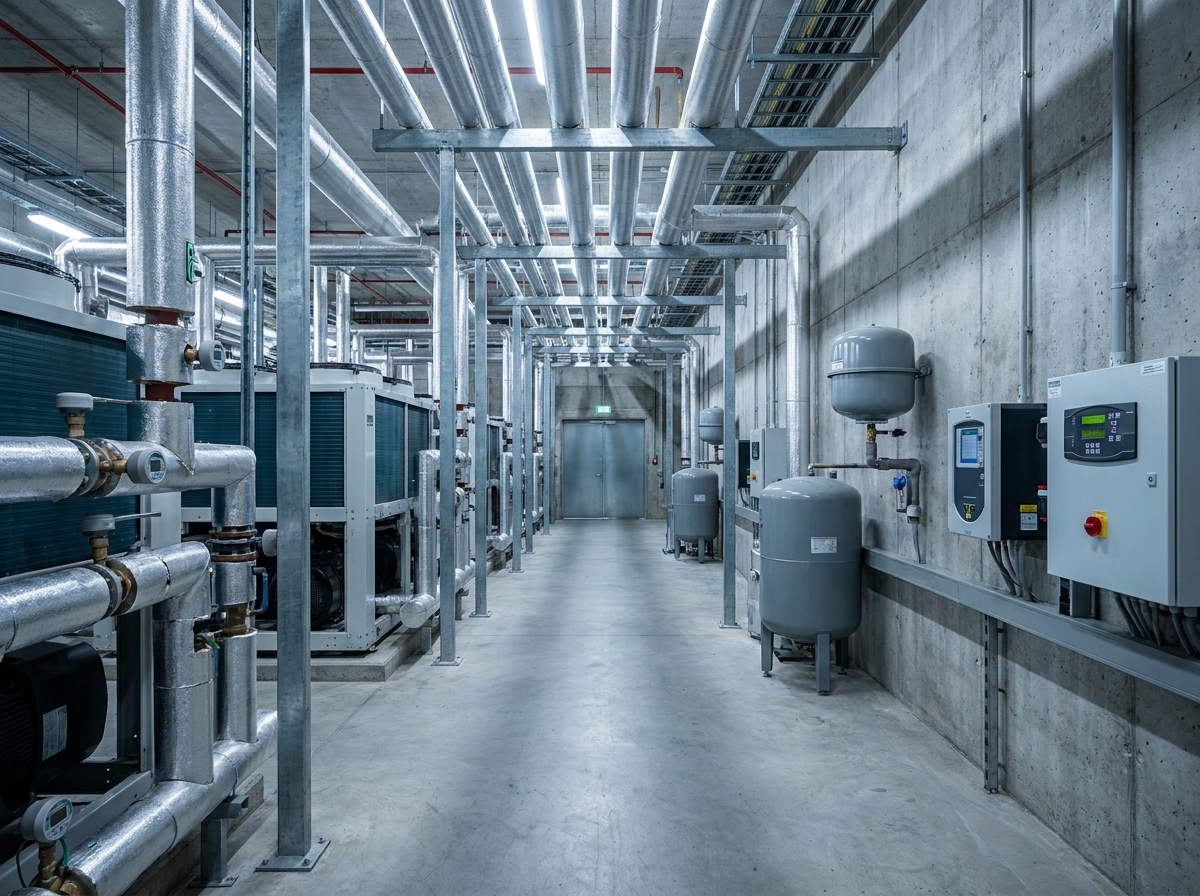 Salle technique d'un datacenter avec infrastructure de refroidissement par dry cooler, tuyauterie glycol et armoires de contrôle