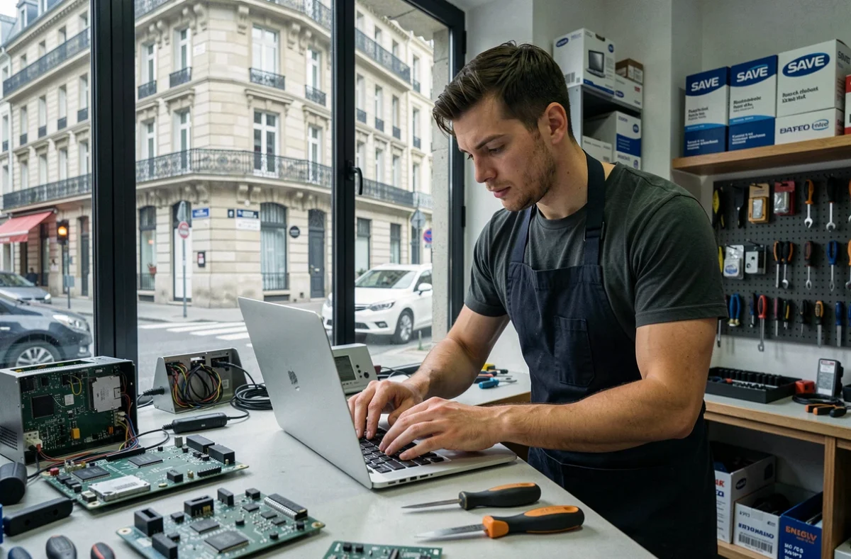 Technicien de Save Bordeaux inspectant un ordinateur portable reconditionné dans l'atelier