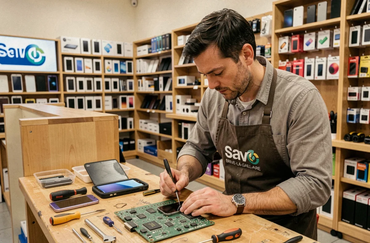 Technicien de Save Brive réparant un smartphone sur l'établi de l'atelier de reconditionnement
