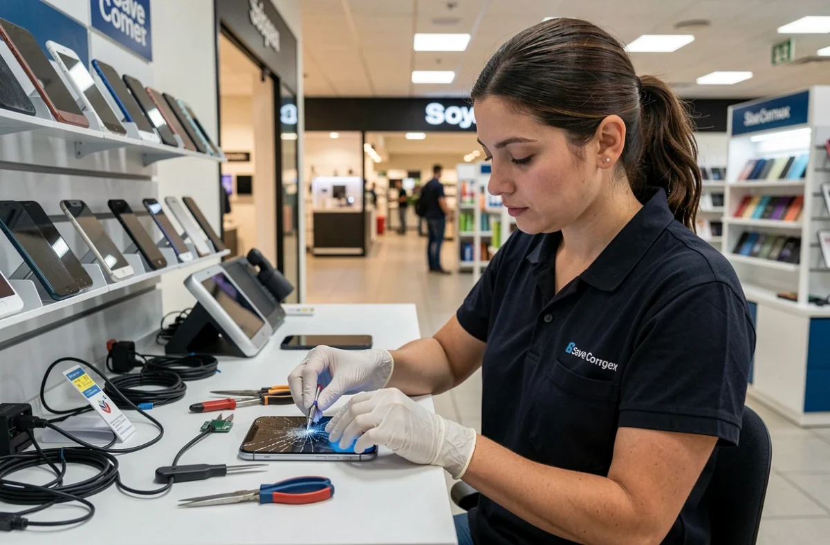 Technicienne de Save Corner Périgueux réparant l'écran d'un smartphone dans l'espace atelier