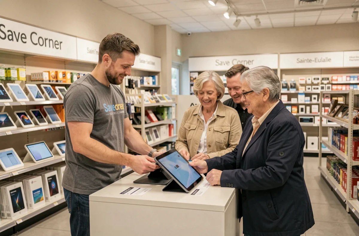 Vendeur de Save Corner Sainte-Eulalie conseillant un couple sur le choix d'une tablette reconditionnée