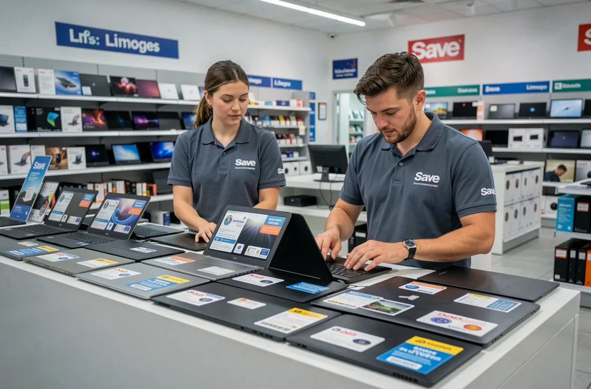 Deux employés de Save Limoges préparant des ordinateurs portables reconditionnés pour la vente
