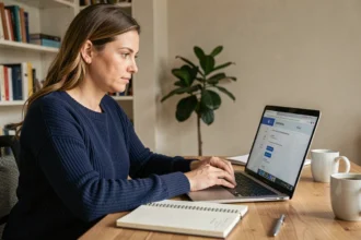 Femme consultant les paramètres de sécurité de son compte en ligne depuis un bureau à domicile