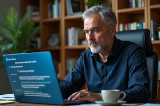 Homme d'une cinquantaine d'années consultant un ordinateur portable affichant des alertes de sécurité Windows dans un bureau à domicile