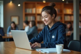 Étudiante organisant ses emails professionnels et personnels sur un ordinateur portable dans une bibliothèque universitaire