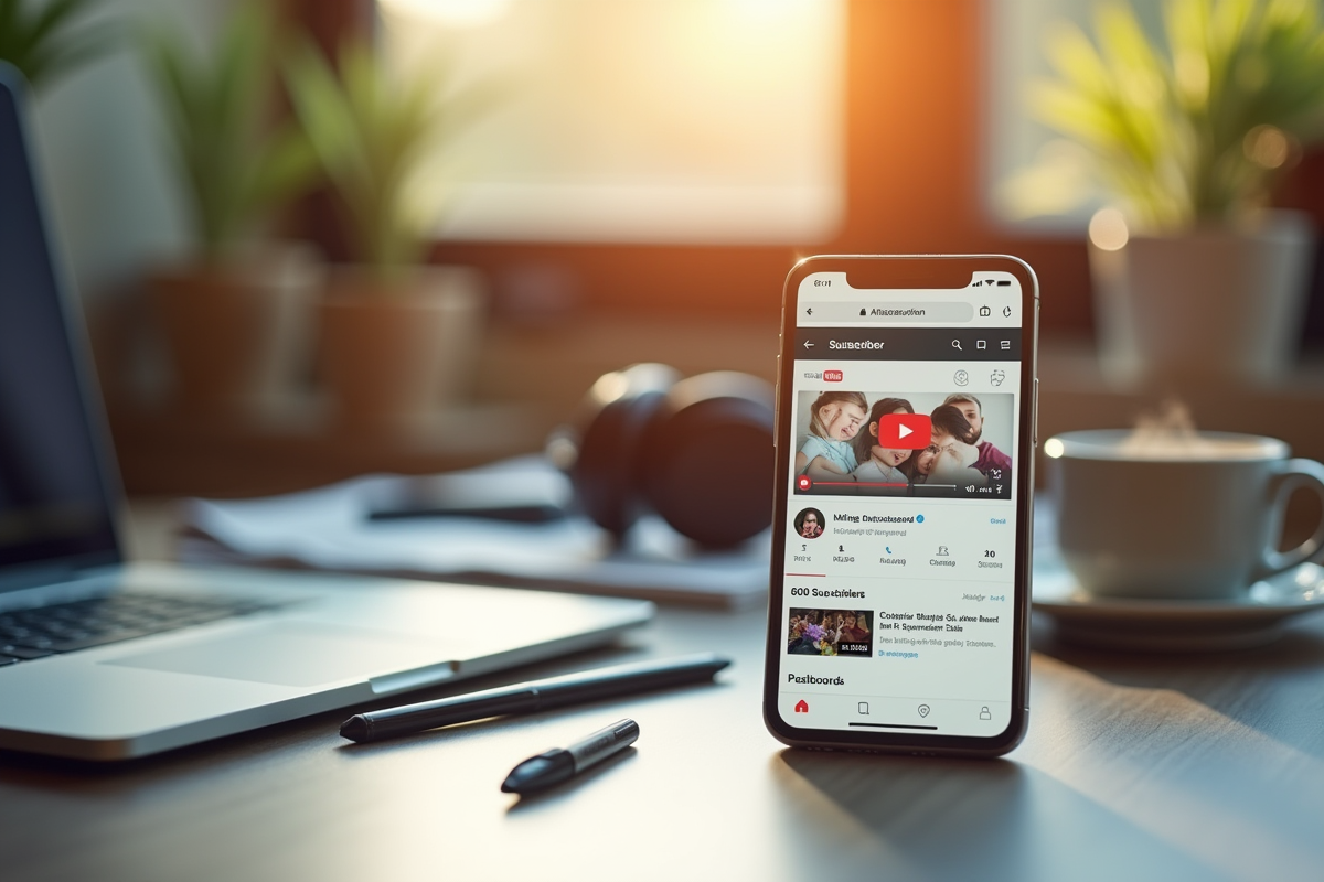 Smartphone affichant le tableau de bord YouTube avec 500 abonnés