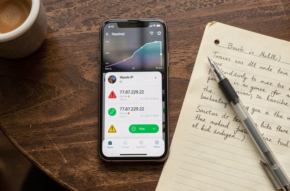 Vue aérienne d'un smartphone affichant un outil de vérification d'adresse IP avec une alerte de sécurité réseau