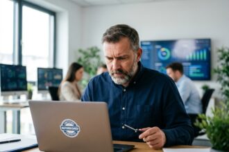 spécialiste IT examine un ordinateur reconditionné pour évaluer sa qualité