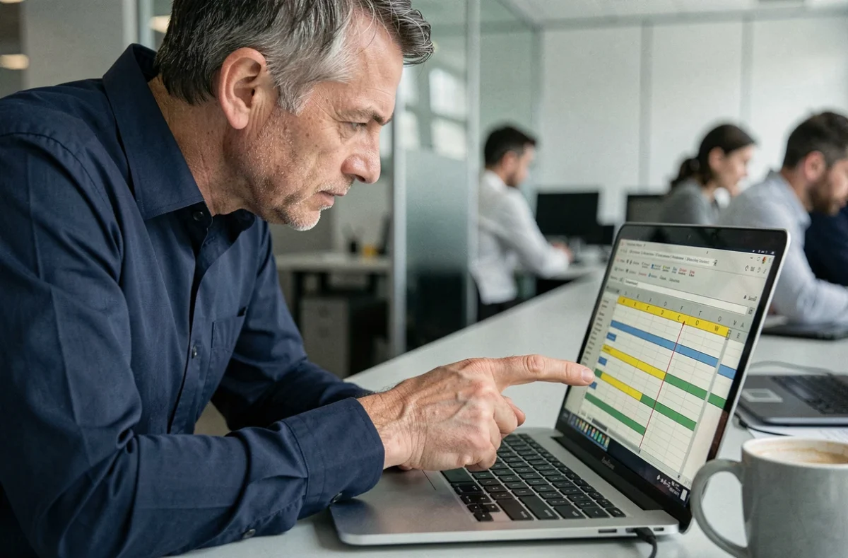 Homme en bureau open space analysant une sélection de lignes alternées dans un fichier Excel sur laptop