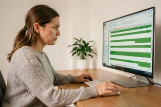 Femme sélectionnant une ligne sur deux dans un tableau Excel sur un grand écran d'ordinateur dans un bureau moderne