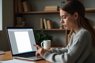 Femme consultant un document Word avec une page blanche sur un ordinateur portable dans un bureau à domicile