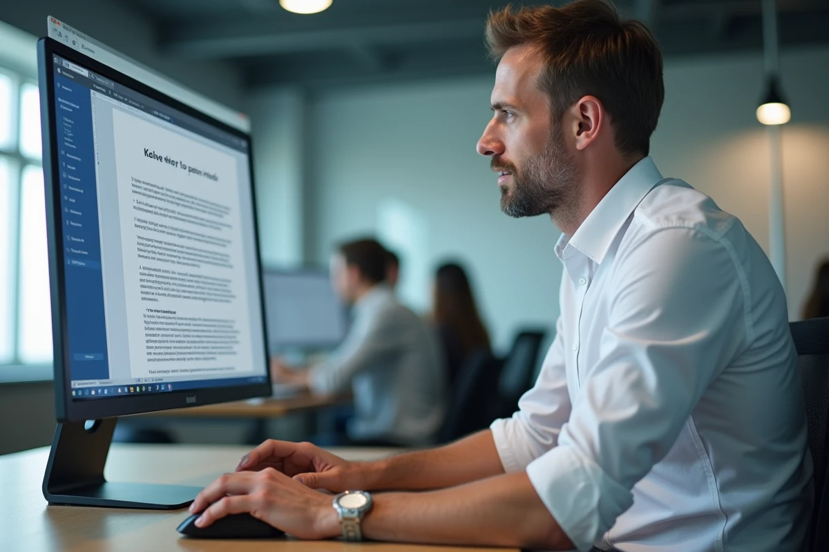 Homme au bureau supprimant une page blanche dans un document Word sur un grand moniteur de bureau