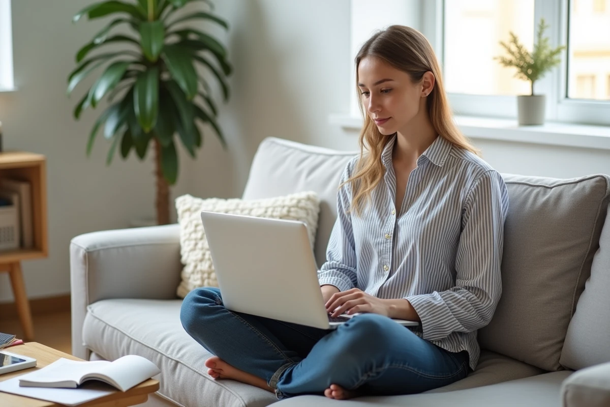 Jeune femme sur un canapé corrigeant une page blanche indésirable dans Word sur son ordinateur portable