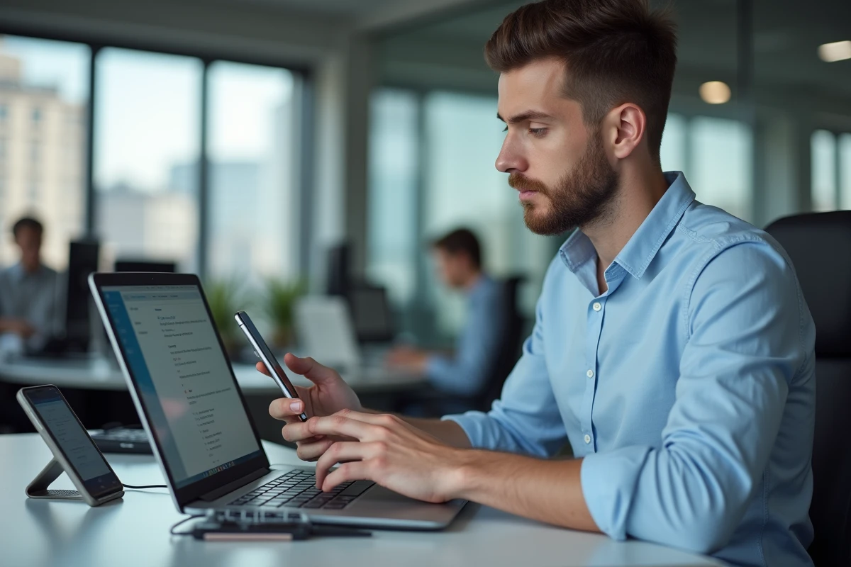 Employé administratif synchronisant la messagerie webmail de l'académie de Normandie entre ordinateur portable et smartphone dans un open space