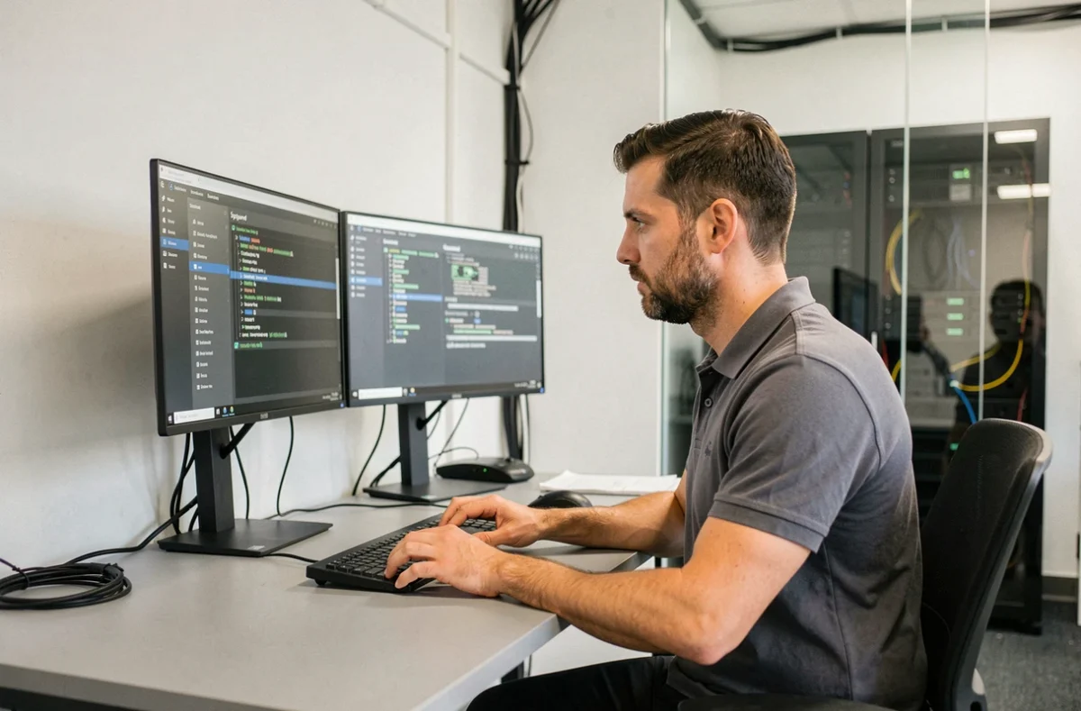 Un expert en sécurité informatique de Sysguard analysant des configurations de pare-feu sur des écrans de monitoring