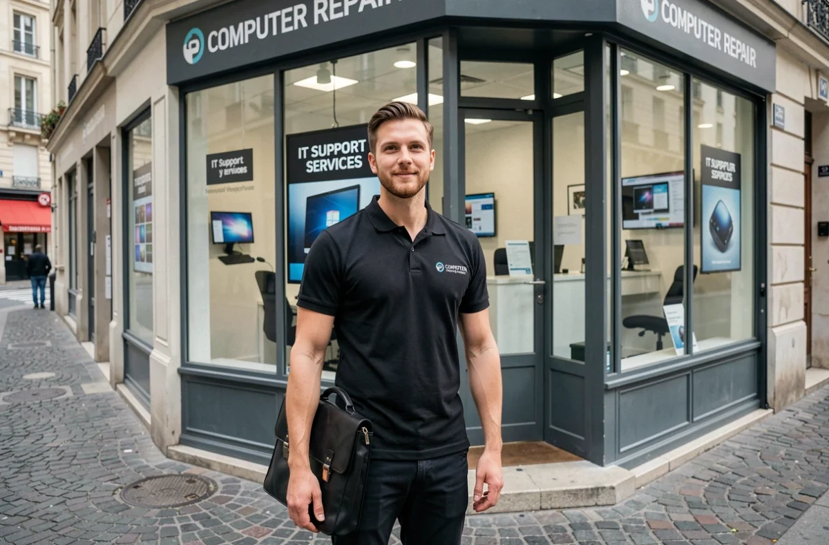 Technicien de Tech Computer devant une boutique de services informatiques à Paris