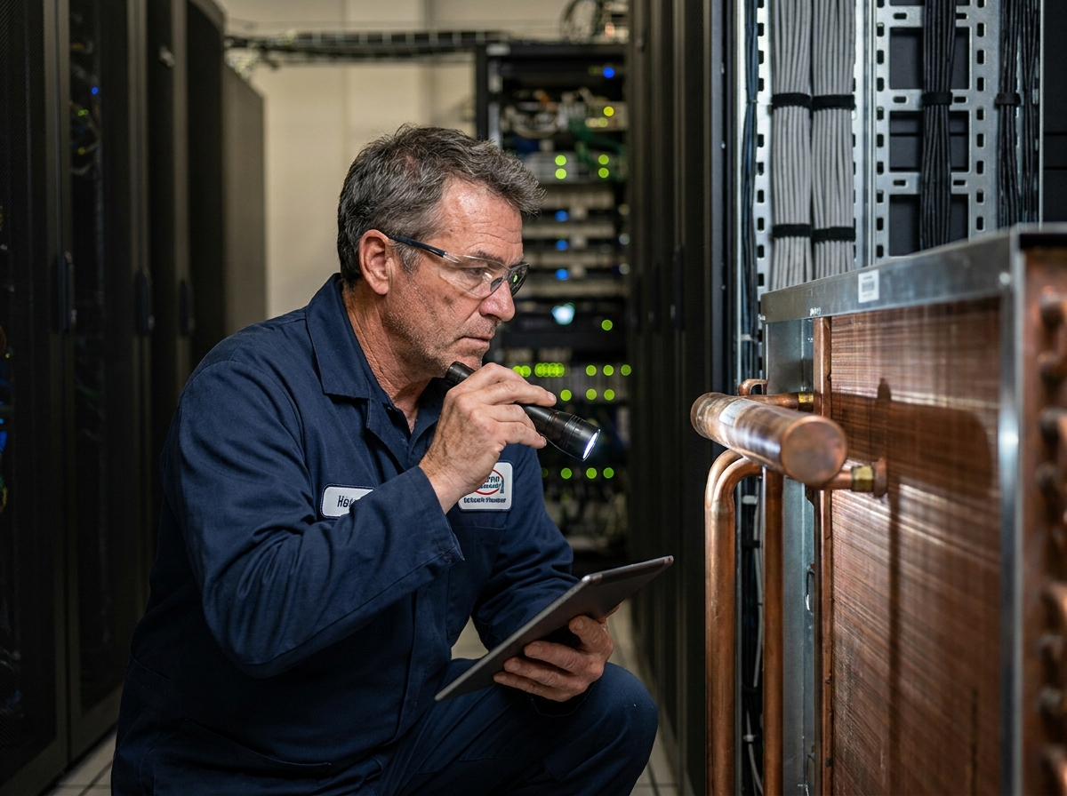 Technicien HVAC inspectant un système de refroidissement dry cooler dans un couloir de salle serveur