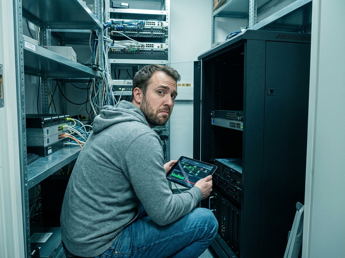 Technicien informatique de PME examinant une infrastructure réseau dans une petite salle serveur