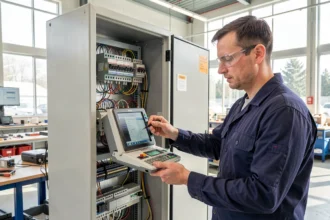 Technicien programmant un automate industriel devant une armoire électrique