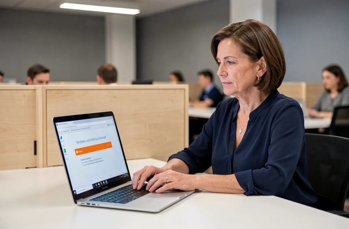 Femme téléchargeant une application depuis le portail Orange sur un ordinateur portable Windows en bureau ouvert