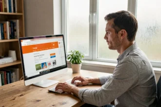 Homme utilisant un PC Windows pour accéder au portail Orange et effectuer un téléchargement