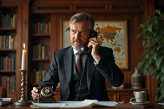 Homme d'âge moyen avec téléphone ancien vintage