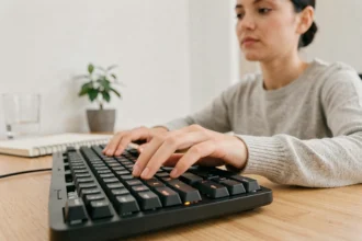 Femme appuyant sur la touche Shift d'un clavier mécanique pour écrire avec majuscules et ponctuation