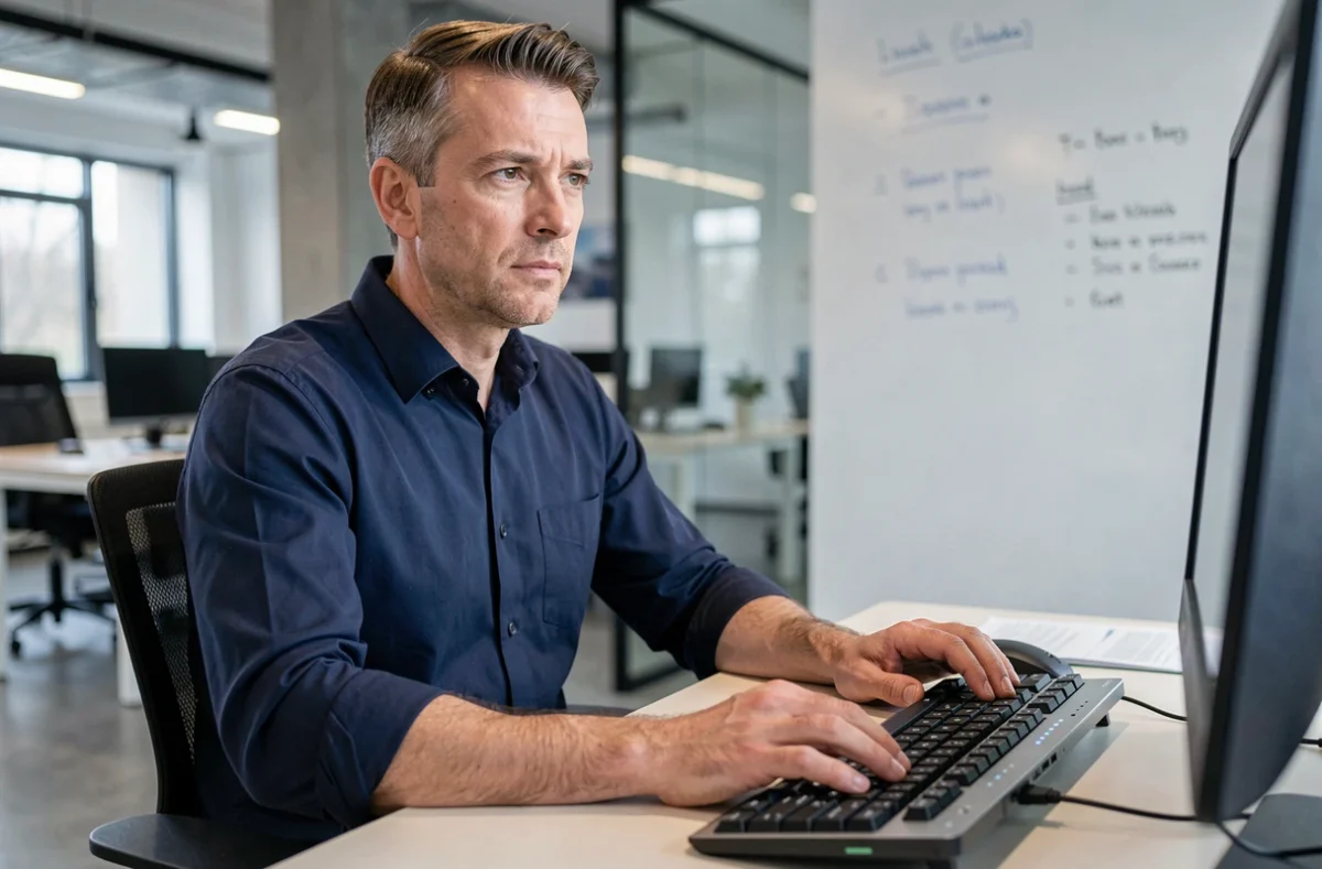 Homme utilisant la touche Shift sur un clavier dans un espace de coworking pour rédiger un document professionnel