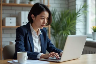 Femme configurant le transfert automatique de mails sur son ordinateur portable dans un bureau moderne
