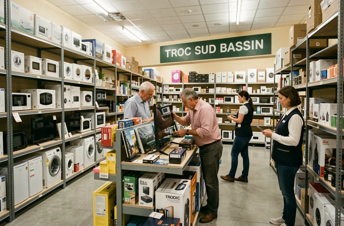 Client et employée de TROC SUD BASSIN comparant des téléviseurs reconditionnés dans le grand magasin d'occasion