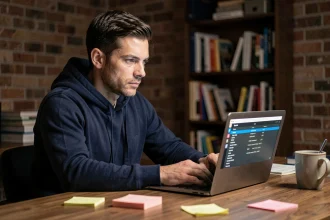 Homme vérifiant une adresse IP suspecte sur son ordinateur portable dans un bureau à domicile