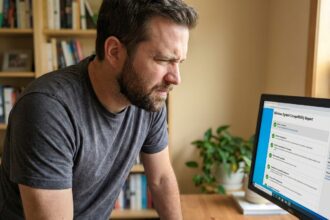 Homme vérifiant la compatibilité de son PC avec Windows 11 sur un écran de bureau dans un bureau à domicile
