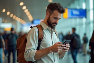 Voyageur en aéroport consultant les paramètres eSIM de son smartphone avant un départ international
