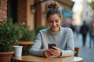 Femme accédant à une boîte mail jetable Yopmail depuis son smartphone au café