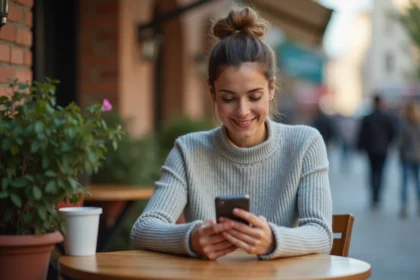 Femme accédant à une boîte mail jetable Yopmail depuis son smartphone au café