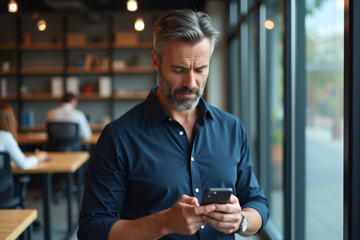 Homme consultant Yopmail sur mobile dans un espace de coworking moderne