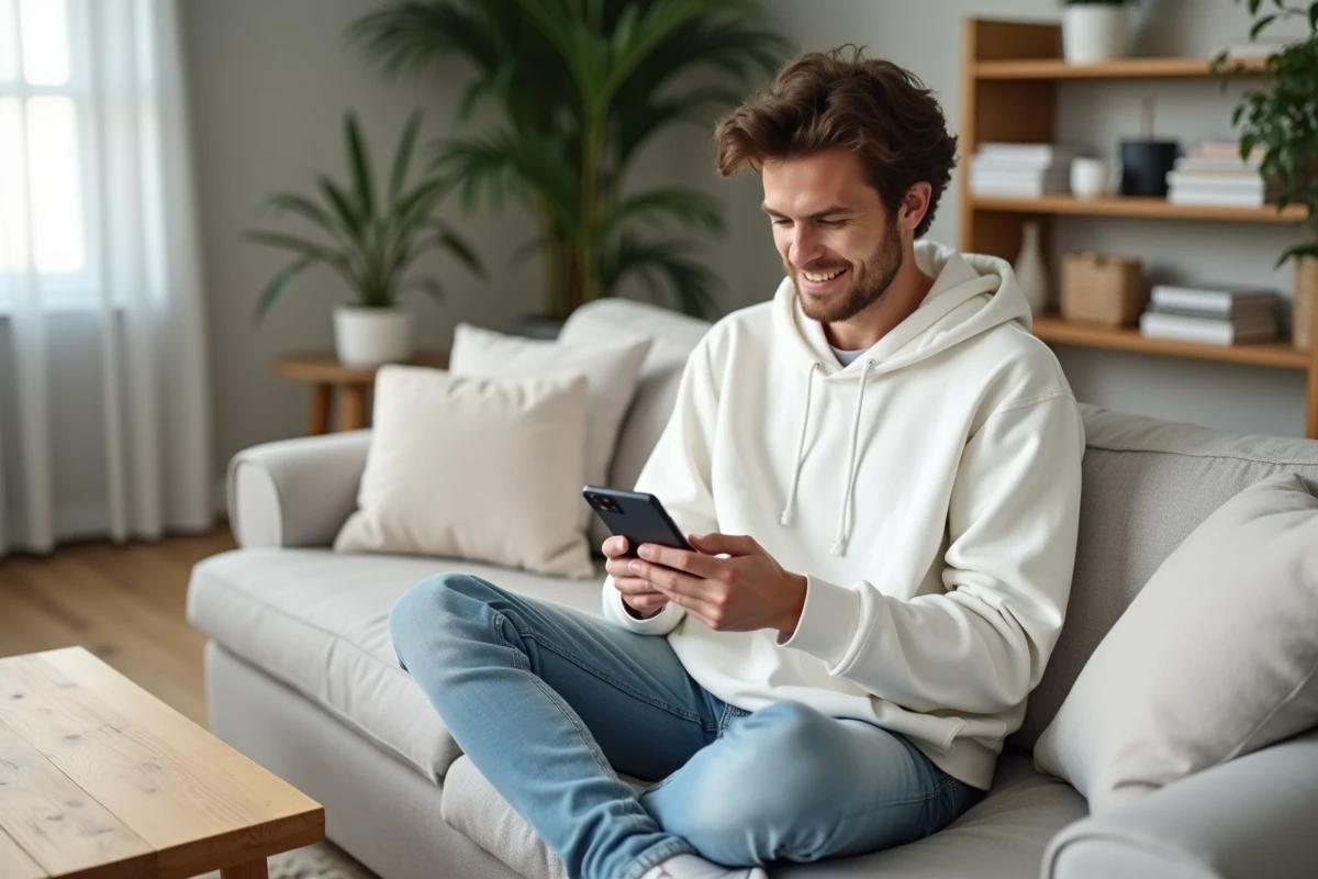 Jeune personne utilisant Yopmail sur smartphone depuis son canapé à la maison