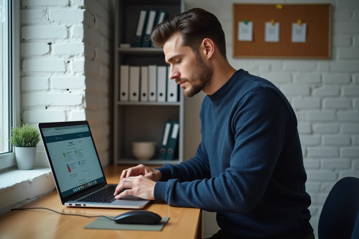 Homme gérant ses emails et son calendrier Zimbra depuis un bureau individuel avec ordinateur portable