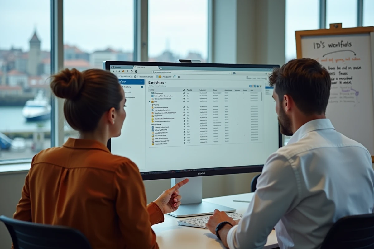 Deux collègues configurant ensemble les filtres et dossiers de messagerie Zimbra dans un espace de travail collaboratif à Cherbourg
