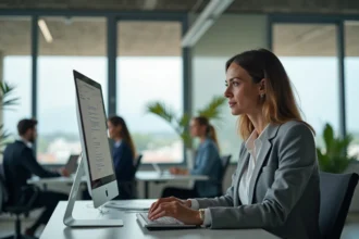Femme utilisant Zimbra sur un ordinateur de bureau dans un open-space à Cherbourg pour gérer sa messagerie professionnelle